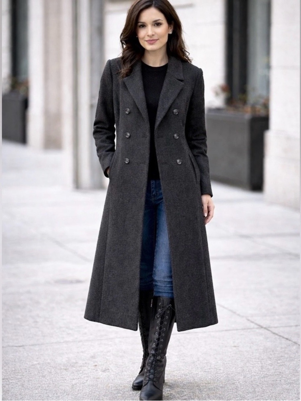 Long Wool Double-Breasted Women's Coat in Dark Gray